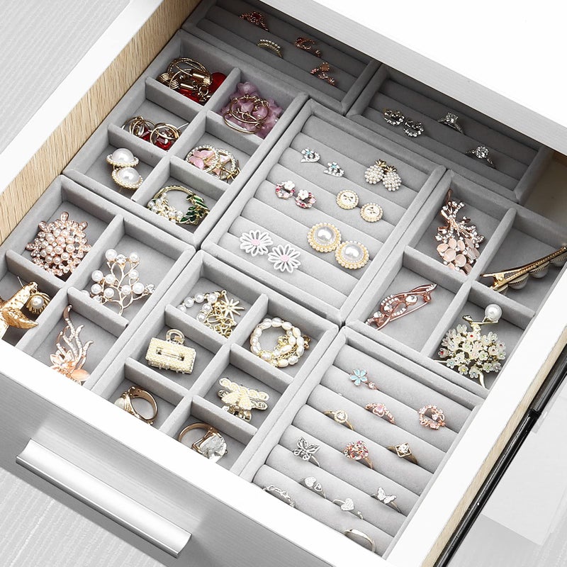 DesignSter Small Jewelry Tray, 2PCS Ring Organizer, Velvet Jewelry Display Tray, Stackable Jewelry Organizer Trays, Jewelry Drawer Organizer Inserts For Dresser, Jewelry Box (Gray) - Image 5